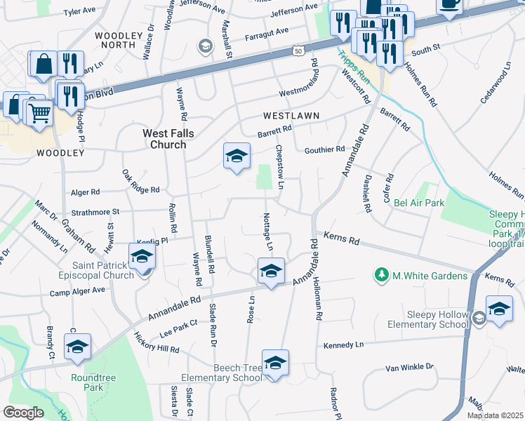 map of restaurants, bars, coffee shops, grocery stores, and more near 6900 Glenroy Circle in Falls Church