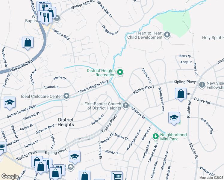 map of restaurants, bars, coffee shops, grocery stores, and more near 2007 Marbury Drive in District Heights