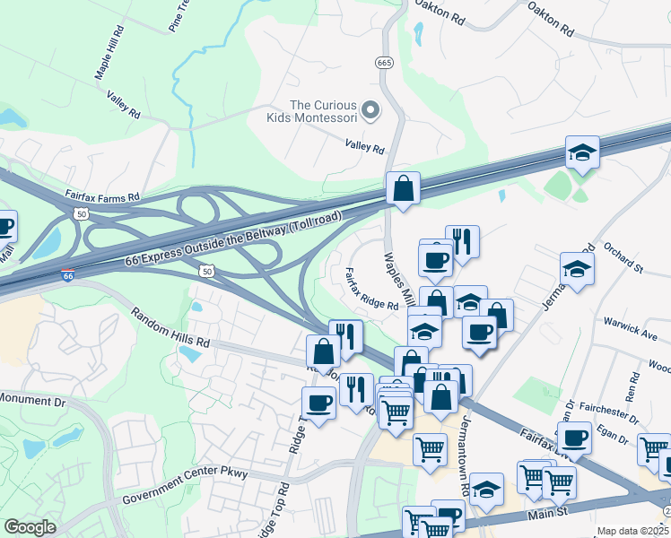 map of restaurants, bars, coffee shops, grocery stores, and more near 11331 Aristotle Drive in Fairfax