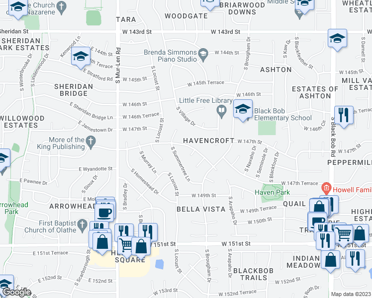 map of restaurants, bars, coffee shops, grocery stores, and more near 16113 West 147th Terrace in Olathe