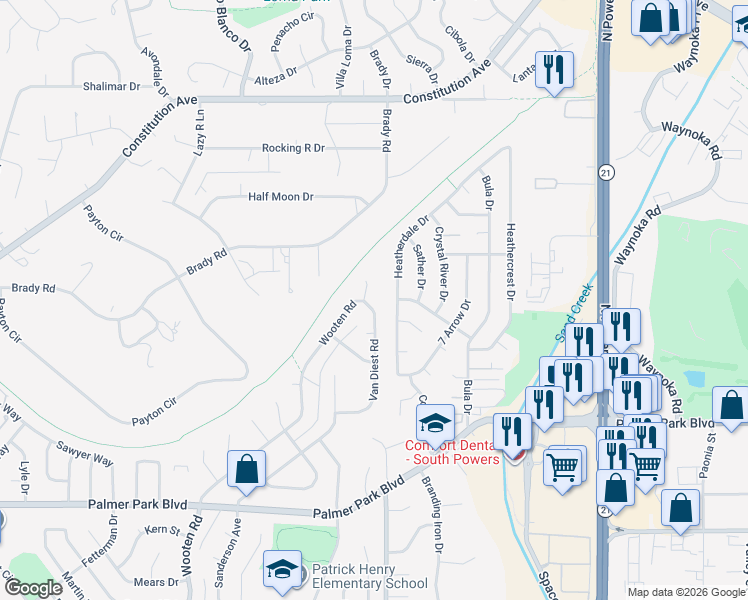 map of restaurants, bars, coffee shops, grocery stores, and more near 1822 Van Diest Road in Colorado Springs