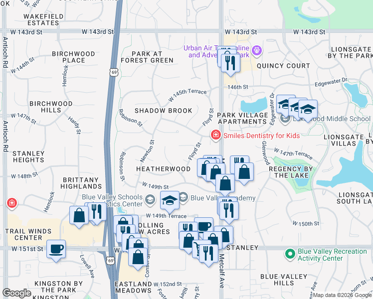 map of restaurants, bars, coffee shops, grocery stores, and more near 14814 Floyd Street in Overland Park