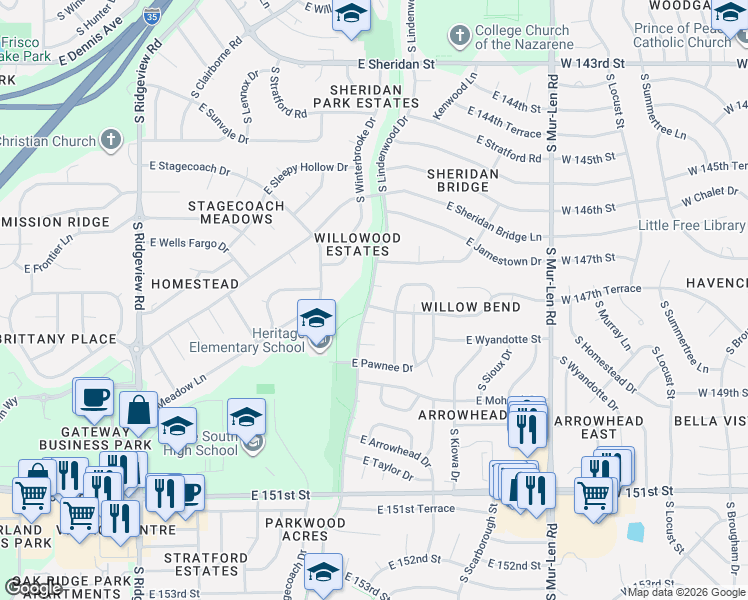 map of restaurants, bars, coffee shops, grocery stores, and more near 1405 South Tomahawk Lane in Olathe