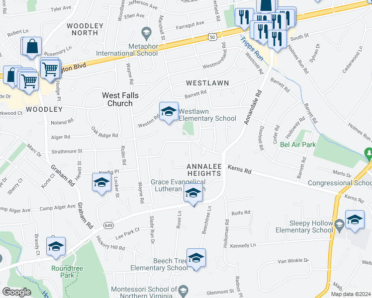 map of restaurants, bars, coffee shops, grocery stores, and more near 6900 Glenroy Circle in Falls Church