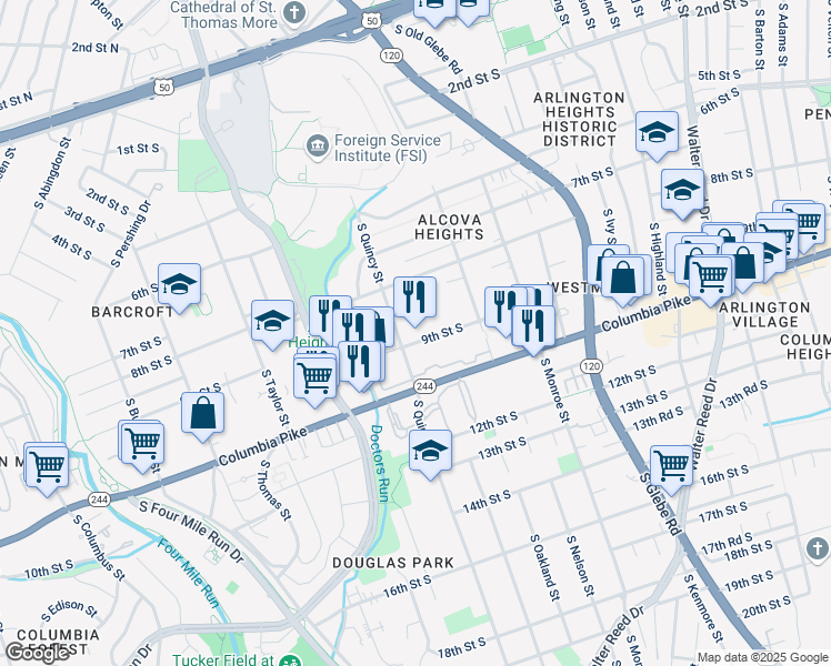 map of restaurants, bars, coffee shops, grocery stores, and more near 3915 9th Street South in Arlington
