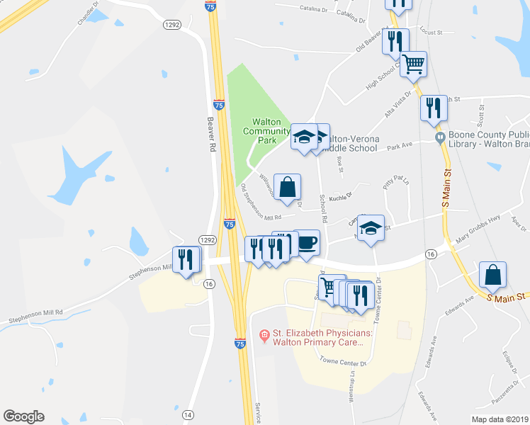 map of restaurants, bars, coffee shops, grocery stores, and more near 88 Old Stephenson Mill Road in Walton