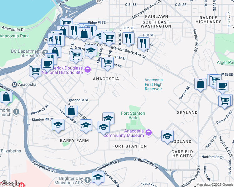 map of restaurants, bars, coffee shops, grocery stores, and more near 2345 Green Street Southeast in Washington