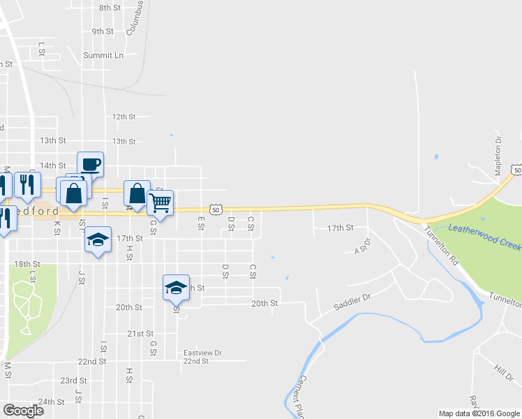 map of restaurants, bars, coffee shops, grocery stores, and more near 200 16th Street in Bedford