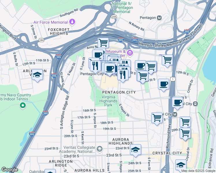 map of restaurants, bars, coffee shops, grocery stores, and more near 901 15th Street South in Arlington