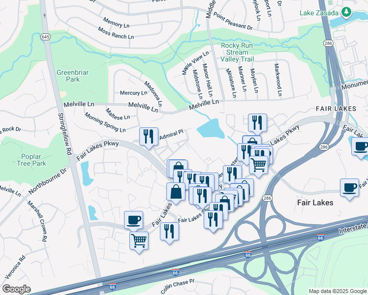 map of restaurants, bars, coffee shops, grocery stores, and more near 4605 Hummingbird Lane in Fairfax