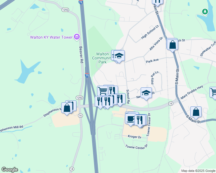 map of restaurants, bars, coffee shops, grocery stores, and more near 97 Old Stephenson Mill Road in Walton