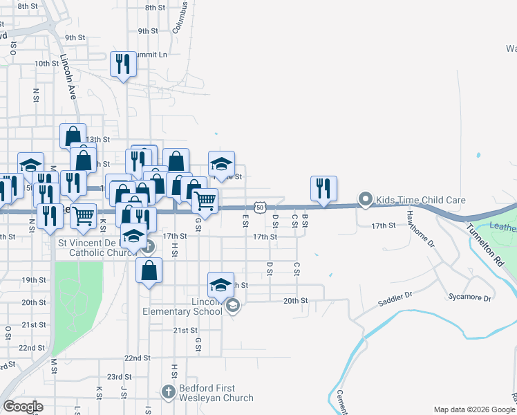 map of restaurants, bars, coffee shops, grocery stores, and more near 457 Parkview Drive in Bedford