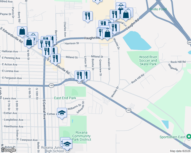 map of restaurants, bars, coffee shops, grocery stores, and more near 1813 Rock Hill Road in Wood River