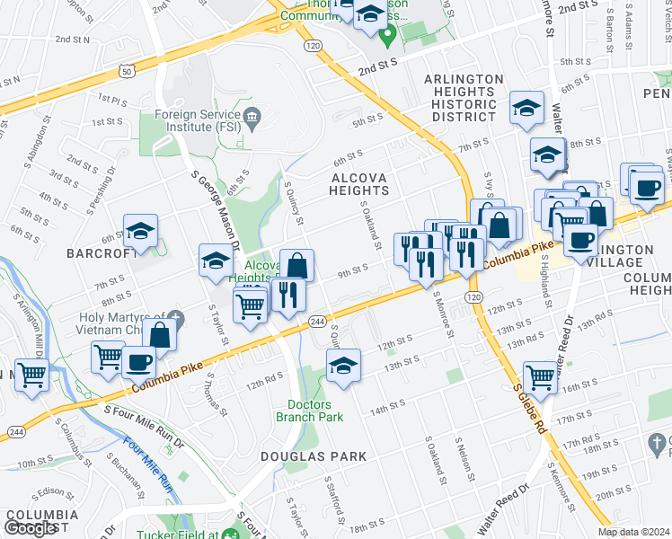 map of restaurants, bars, coffee shops, grocery stores, and more near 3911 9th Street South in Arlington