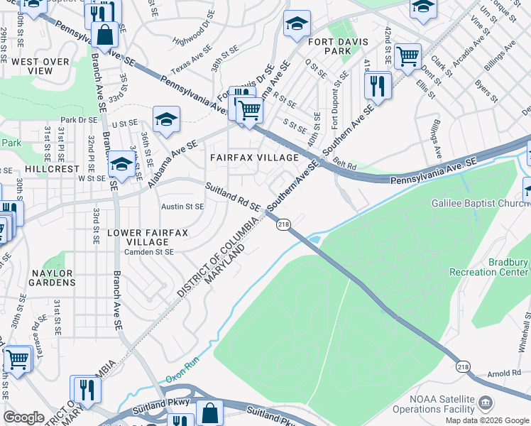 map of restaurants, bars, coffee shops, grocery stores, and more near Suitland Rd & Southern Ave SE in Suitland-Silver Hill