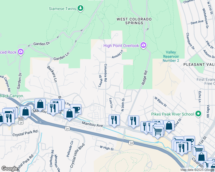 map of restaurants, bars, coffee shops, grocery stores, and more near 415 Columbia Road in Colorado Springs