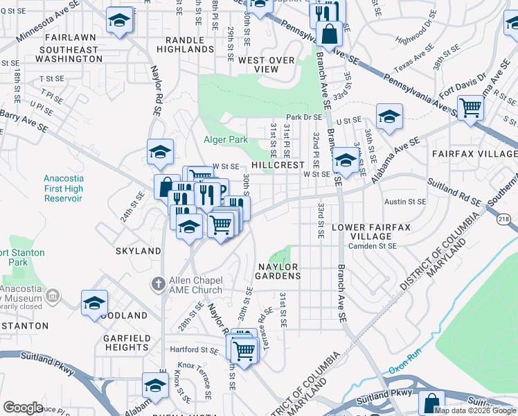 map of restaurants, bars, coffee shops, grocery stores, and more near 3012 Alabama Avenue Southeast in Washington