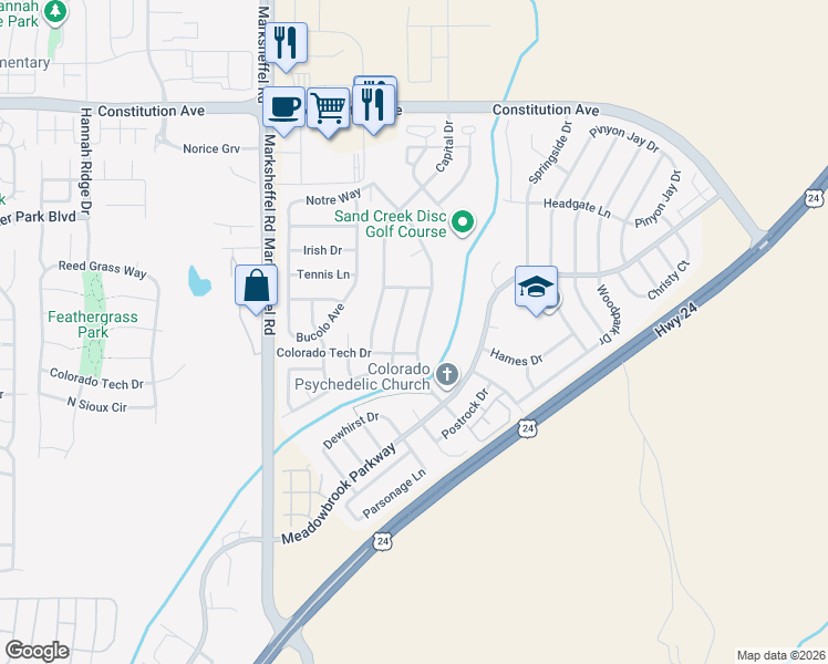 map of restaurants, bars, coffee shops, grocery stores, and more near 1875 Silver Meadow Circle in Colorado Springs
