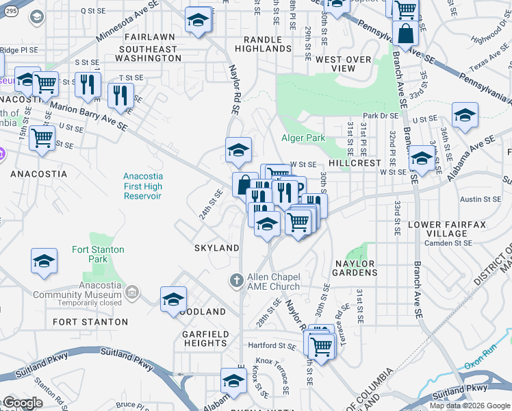 map of restaurants, bars, coffee shops, grocery stores, and more near 2645 Naylor Road Southeast in Washington