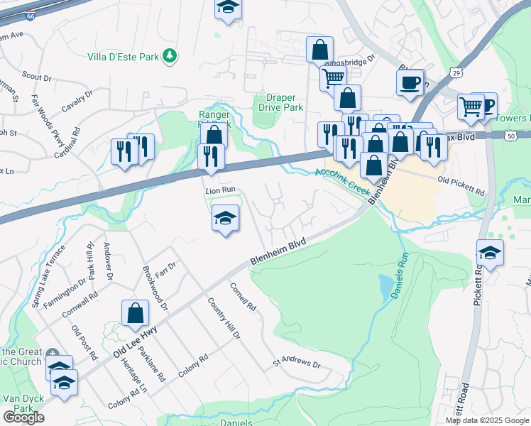 map of restaurants, bars, coffee shops, grocery stores, and more near 3714 Oak Hill Way in Fairfax