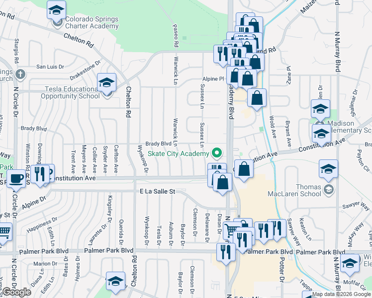 map of restaurants, bars, coffee shops, grocery stores, and more near 1942 Berkshire Lane in Colorado Springs