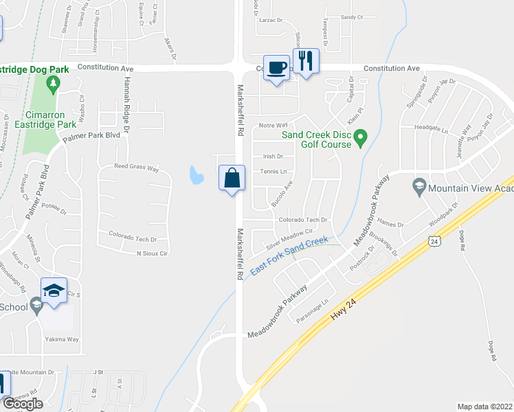map of restaurants, bars, coffee shops, grocery stores, and more near 1855 Bucolo Avenue in Colorado Springs