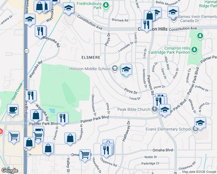 map of restaurants, bars, coffee shops, grocery stores, and more near 1685 Piros Drive in Colorado Springs