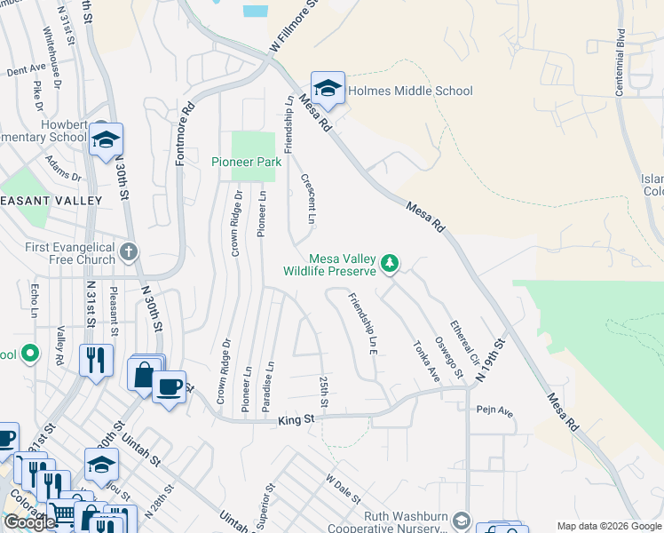 map of restaurants, bars, coffee shops, grocery stores, and more near 43 Friendship Lane in Colorado Springs