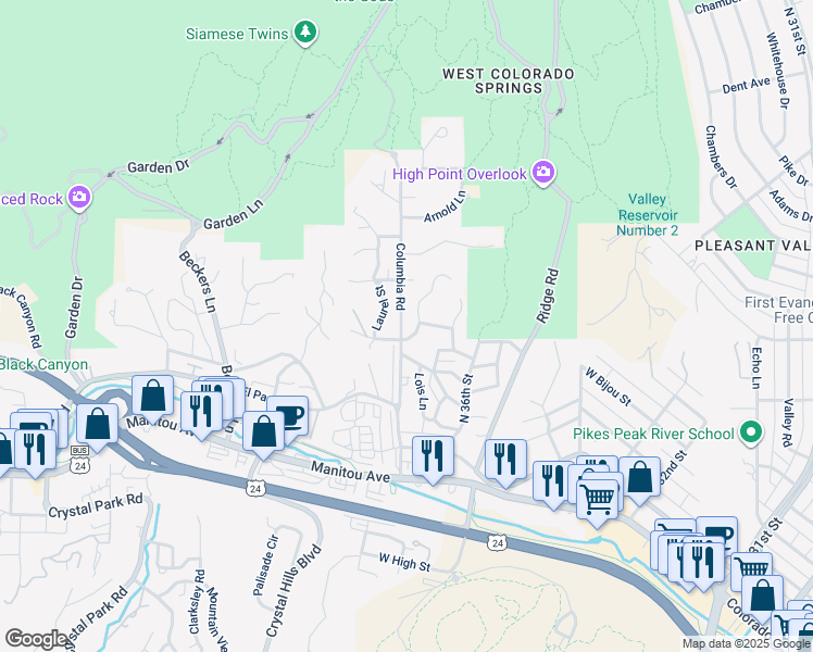 map of restaurants, bars, coffee shops, grocery stores, and more near 415 Columbia Road in Colorado Springs