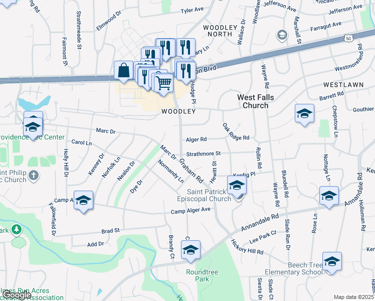 map of restaurants, bars, coffee shops, grocery stores, and more near 7128 Strathmore Street in Falls Church