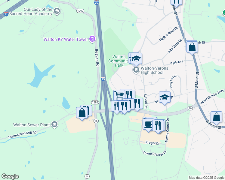 map of restaurants, bars, coffee shops, grocery stores, and more near 57 Old Stephenson Mill Road in Walton