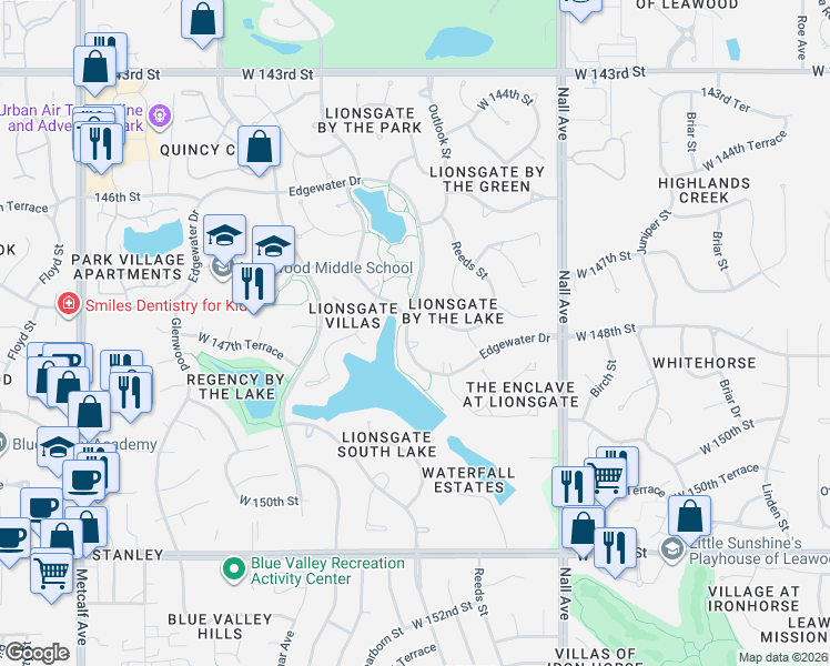 map of restaurants, bars, coffee shops, grocery stores, and more near 5704 West 147th Place in Overland Park