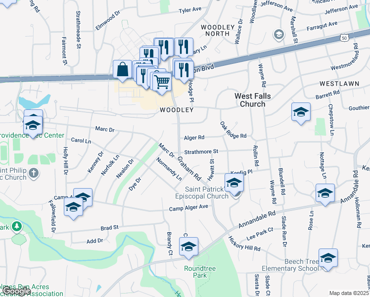 map of restaurants, bars, coffee shops, grocery stores, and more near 7128 Strathmore Street in Falls Church