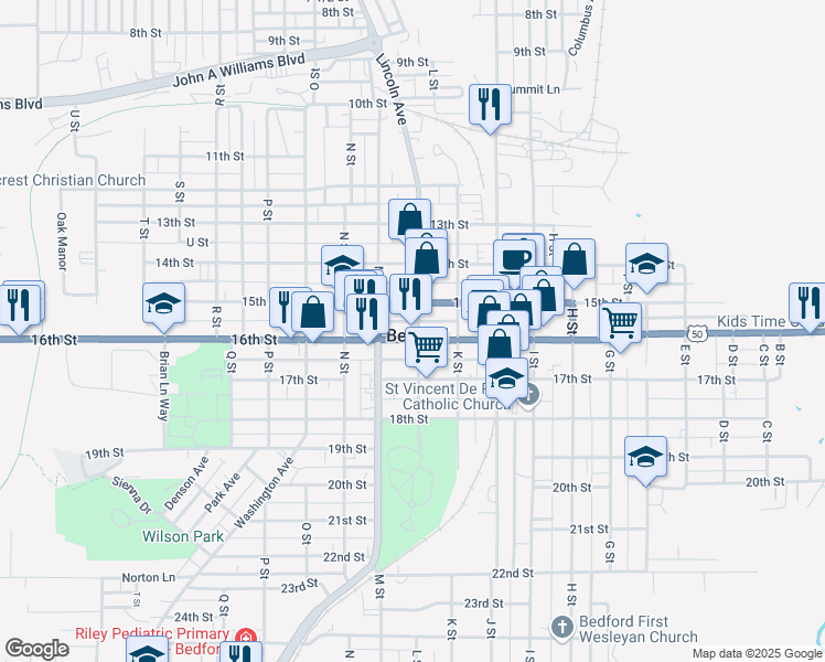 map of restaurants, bars, coffee shops, grocery stores, and more near 1529 L Street in Bedford