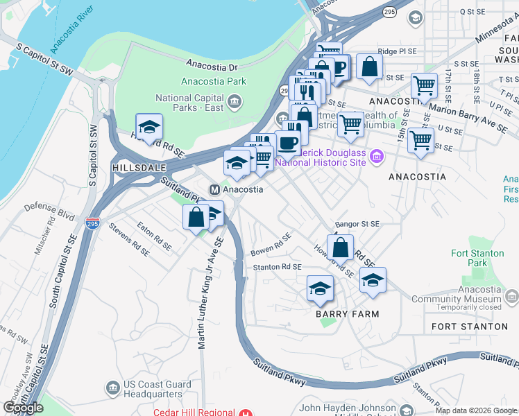 map of restaurants, bars, coffee shops, grocery stores, and more near 2458 Martin Luther King Jr Ave SE in Washington