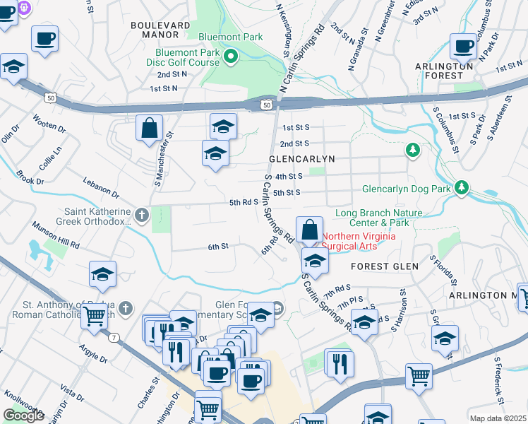 map of restaurants, bars, coffee shops, grocery stores, and more near 526 South Carlin Springs Road in Arlington