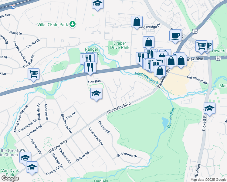 map of restaurants, bars, coffee shops, grocery stores, and more near 3714 Oak Hill Way in Fairfax