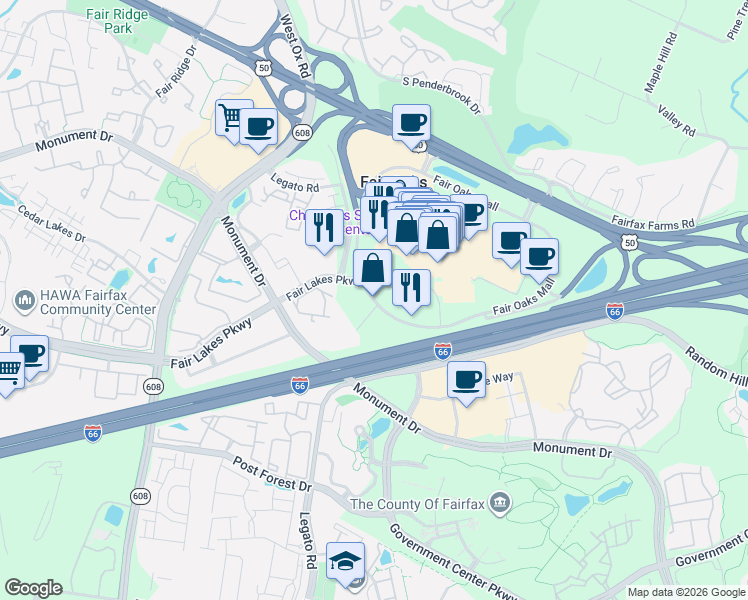 map of restaurants, bars, coffee shops, grocery stores, and more near 12099 Fair Oaks Mall in Fairfax