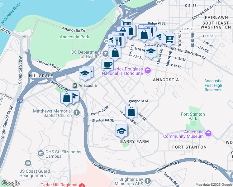 map of restaurants, bars, coffee shops, grocery stores, and more near 1355 Morris Road Southeast in Washington