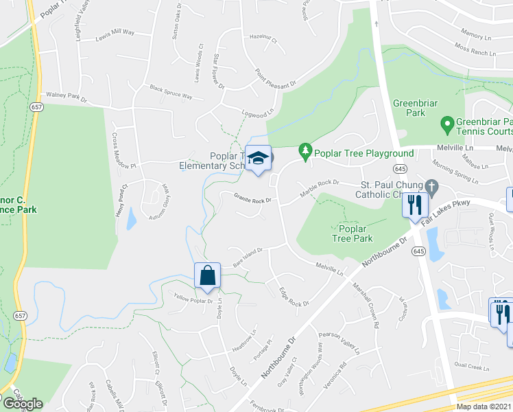 map of restaurants, bars, coffee shops, grocery stores, and more near 13505 Granite Rock Drive in Chantilly