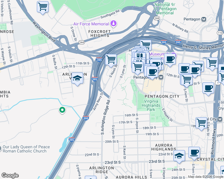 map of restaurants, bars, coffee shops, grocery stores, and more near South Arlington Ridge Road & South Lynn Street in Arlington