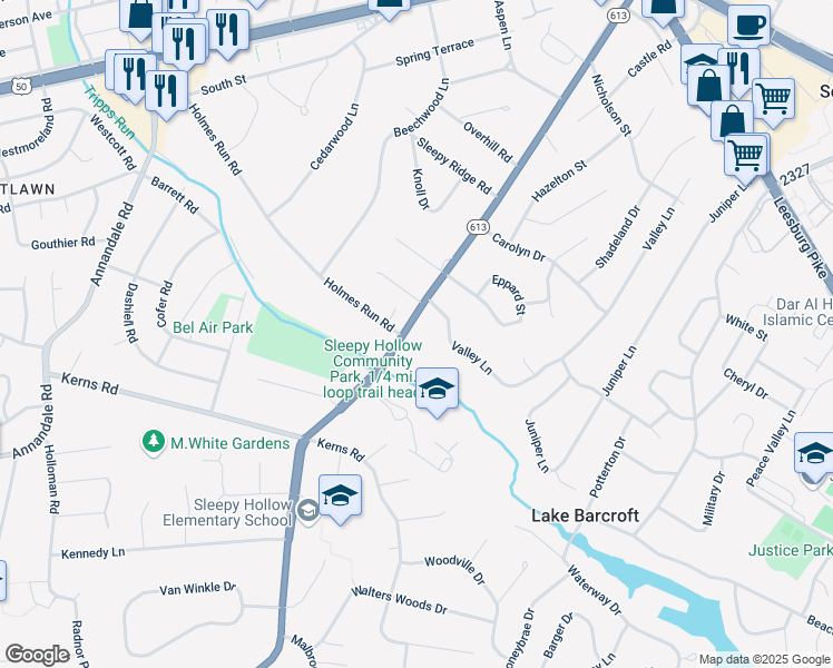 map of restaurants, bars, coffee shops, grocery stores, and more near 3131 Sleepy Hollow Road in Falls Church
