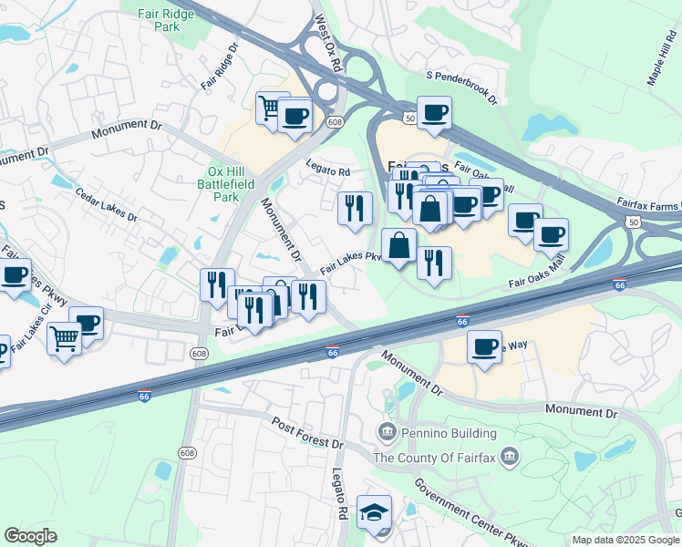 map of restaurants, bars, coffee shops, grocery stores, and more near 4201 Jefferson Oaks Circle in Fairfax