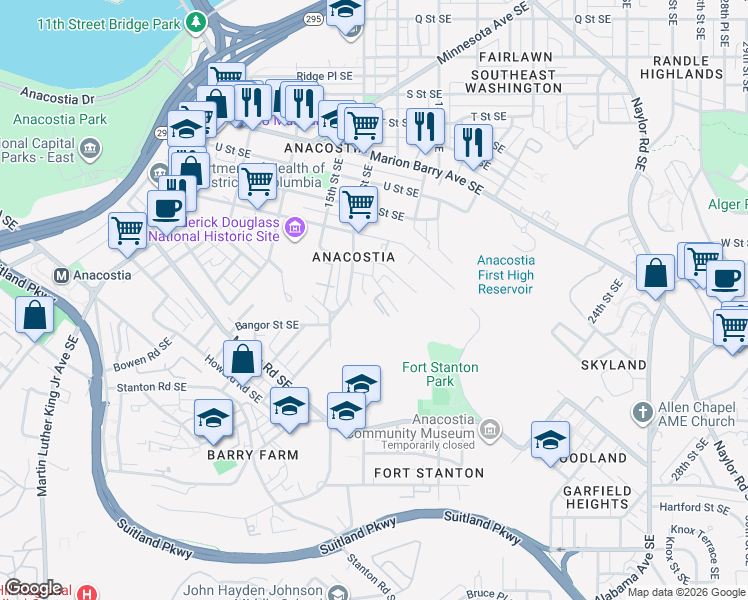 map of restaurants, bars, coffee shops, grocery stores, and more near 2343 Green Street Southeast in Washington
