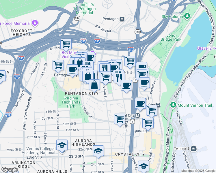 map of restaurants, bars, coffee shops, grocery stores, and more near 1330 South Fair Street in Arlington