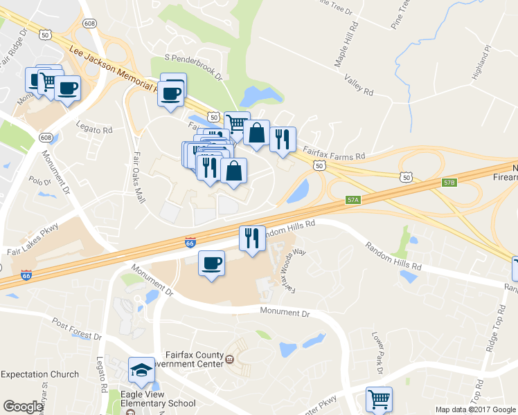 map of restaurants, bars, coffee shops, grocery stores, and more near 11717 Fair Oaks Mall in Fairfax