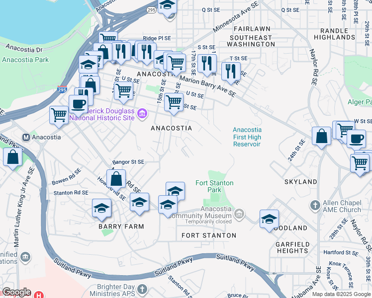 map of restaurants, bars, coffee shops, grocery stores, and more near 2337 Green Street Southeast in Washington