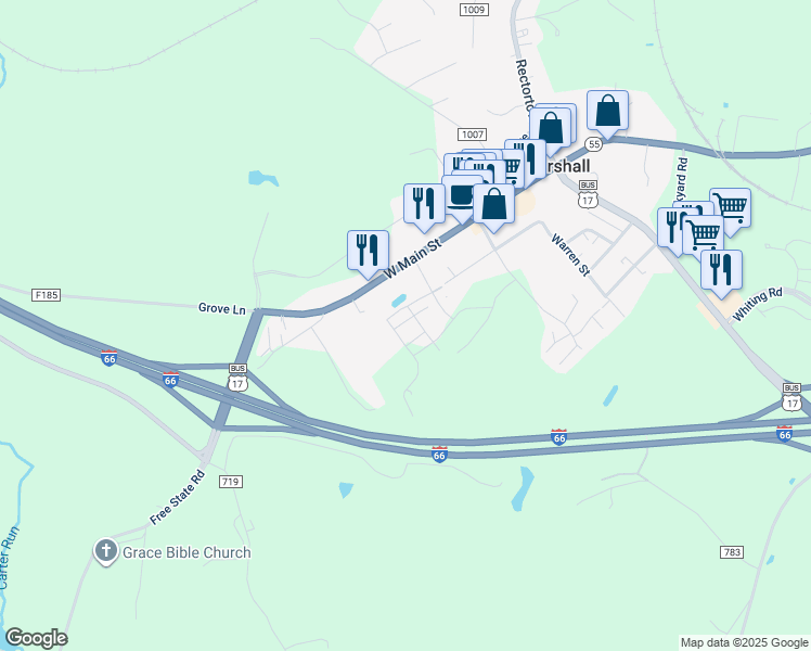 map of restaurants, bars, coffee shops, grocery stores, and more near 7059 Osborn Court in Marshall