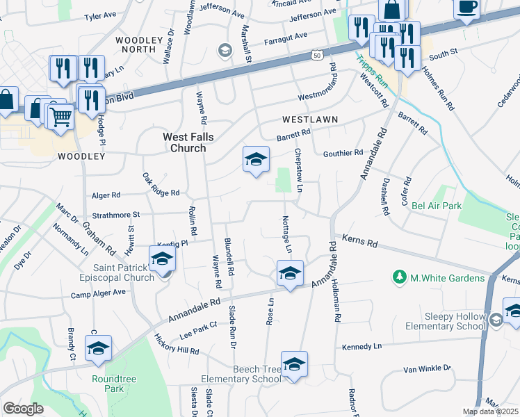 map of restaurants, bars, coffee shops, grocery stores, and more near 6913 Kenfig Drive in Falls Church