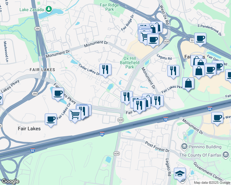 map of restaurants, bars, coffee shops, grocery stores, and more near 4215 Mozart Brigade Lane in Fairfax